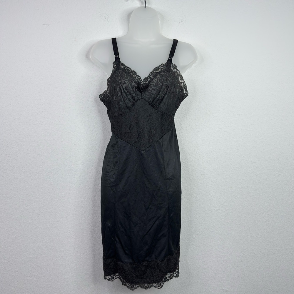 Texsheen Nightgown Womens 34 Black VTG Lace Lingerie Slip Nylon‎ Boudoir Goth